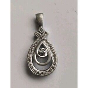 KSJ Sterling Silver 925 Diamond 1" Pendant Teardrop Shaped
